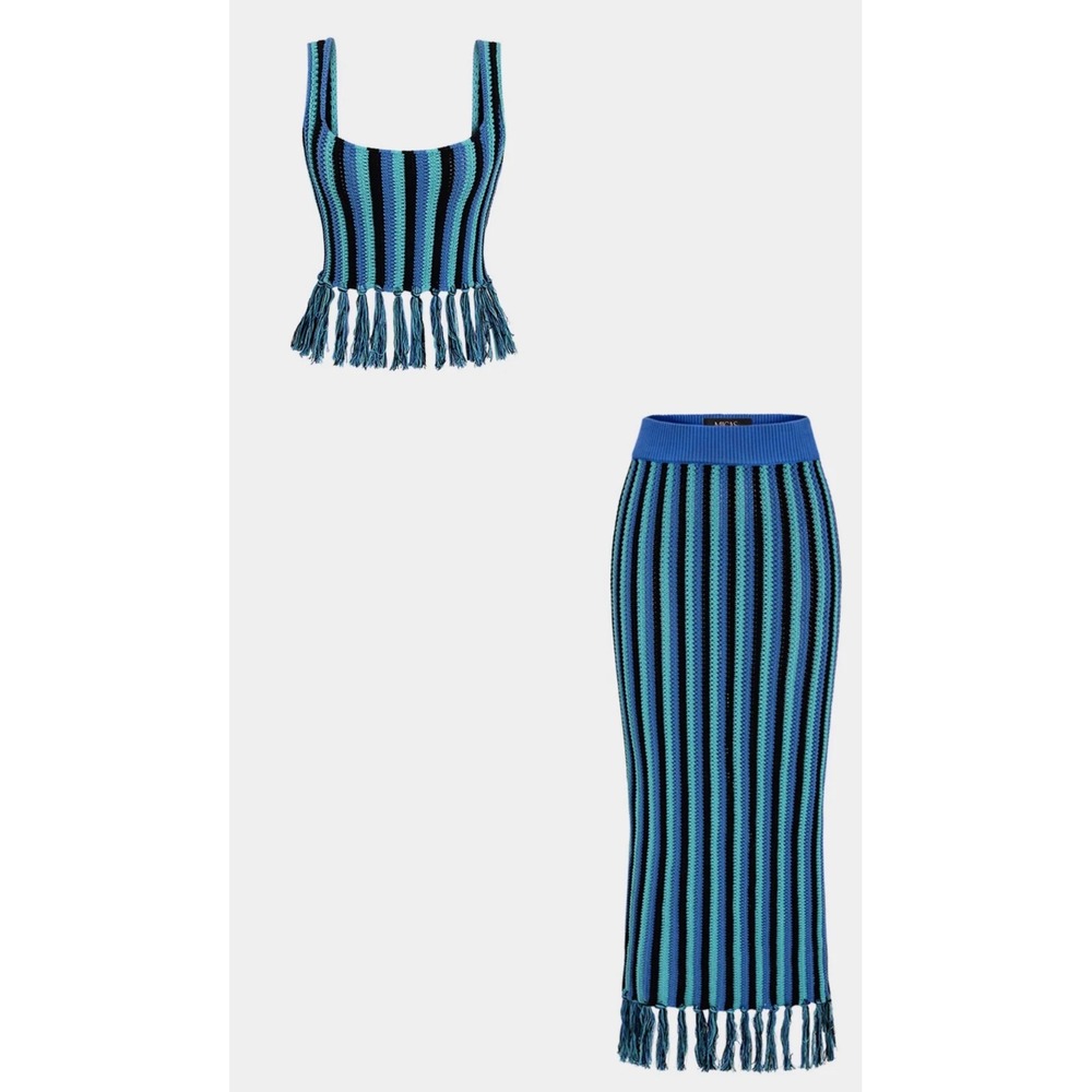 Micas Knit Stripes Print Fringe Tank Top & Midi Skirt Set Blue Black Medium NWT